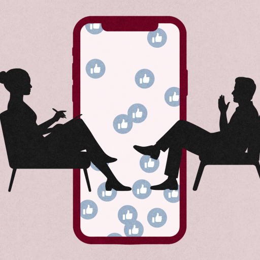Silhouettes of two people seated and facing each other with a large smartphone between them, displaying multiple thumbs-up icons amid a swirl of digital psychobabble.