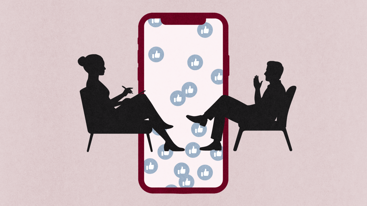 Silhouettes of two people seated and facing each other with a large smartphone between them, displaying multiple thumbs-up icons amid a swirl of digital psychobabble.