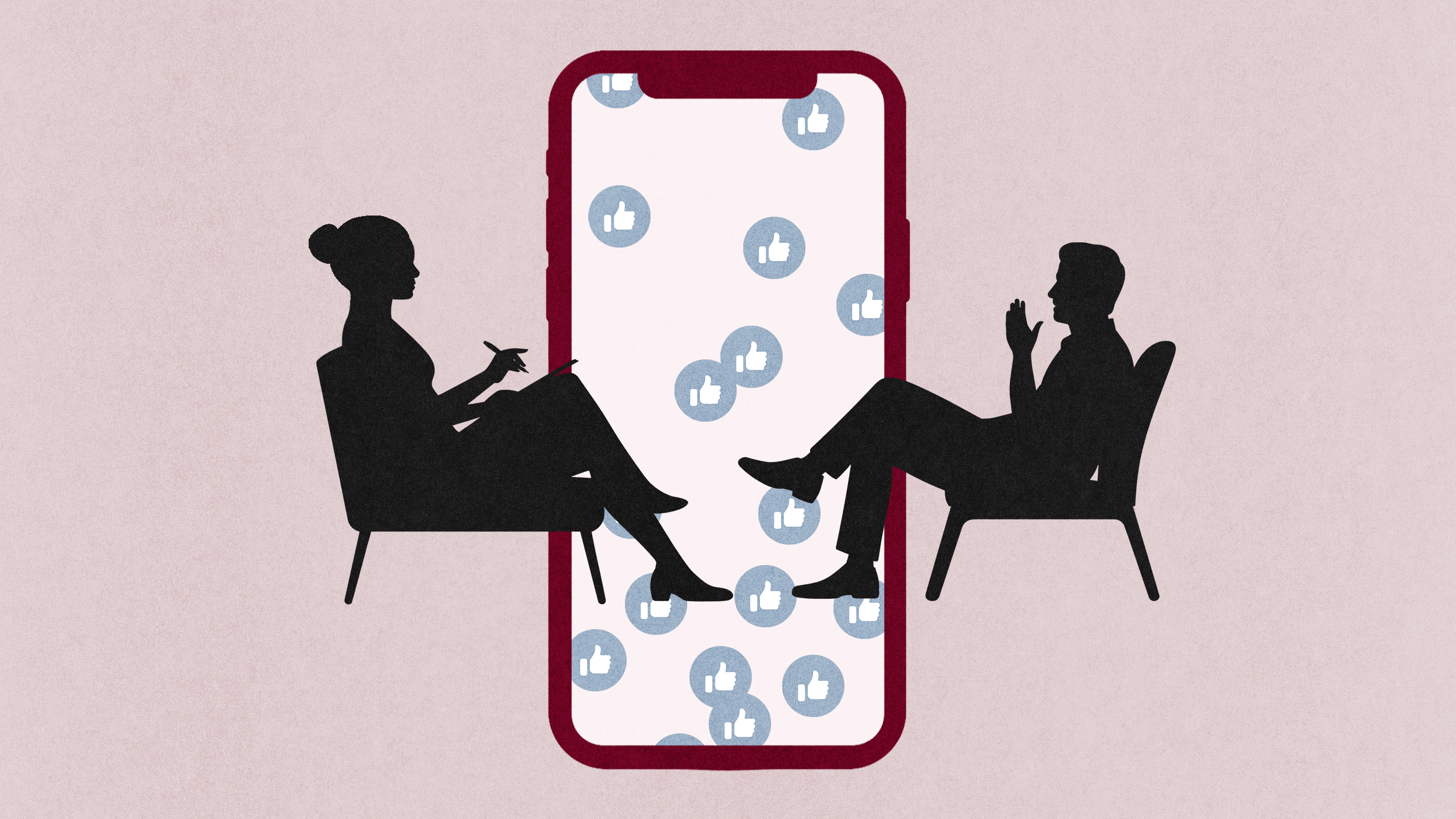 Silhouettes of two people seated and facing each other with a large smartphone between them, displaying multiple thumbs-up icons amid a swirl of digital psychobabble.