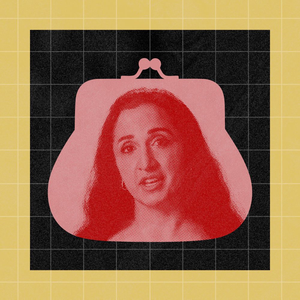 A red-tinted image of a woman’s face is overlaid inside the shape of a purse, set against a black and yellow grid background.