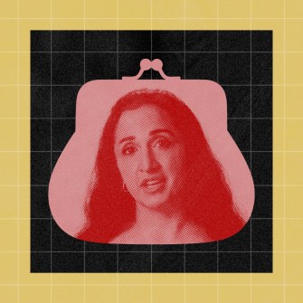 A red-tinted image of a woman’s face is overlaid inside the shape of a purse, set against a black and yellow grid background.