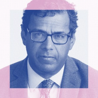 A man wearing glasses and a suit, shown in a blue and pink halftone graphic style, looking directly at the camera.