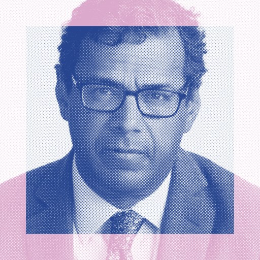 A man wearing glasses and a suit, shown in a blue and pink halftone graphic style, looking directly at the camera.