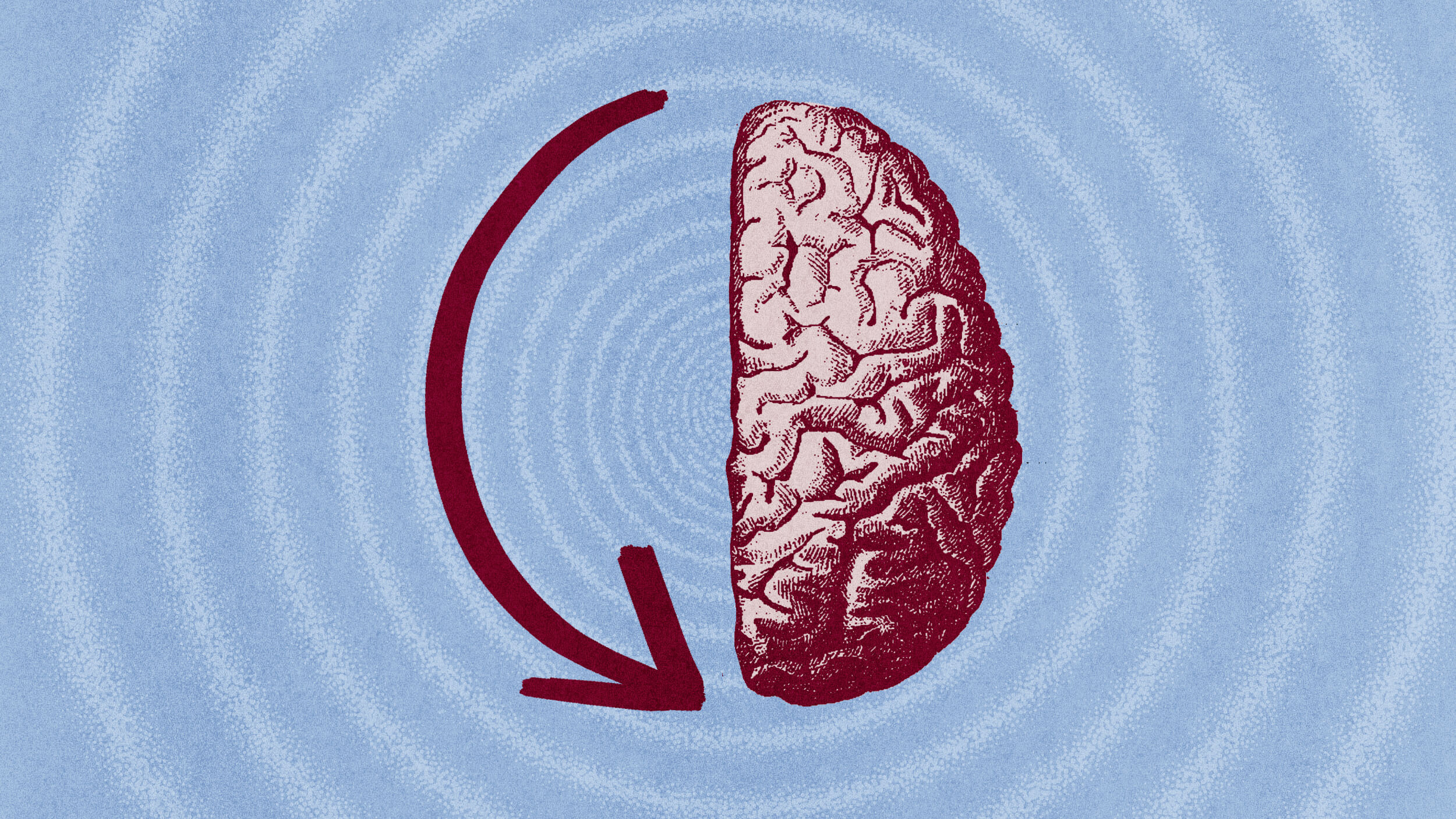 A stylized image of a red brain half with a curved red arrow pointing downward, set against a blue background with circular patterns.