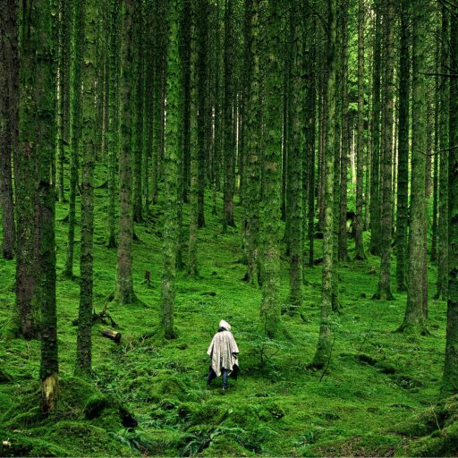 A person wearing a light-colored cloak stands in a dense, green forest, surrounded by tall trees and moss-covered ground—an ideal setting for quiet reflection and systems thinking.