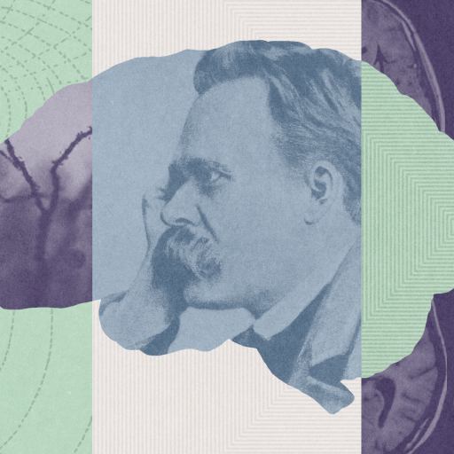 Illustration featuring a brain, a profile of a man resting his face on his hand, a sketch of a head, and brain scan images in purple and green tones.