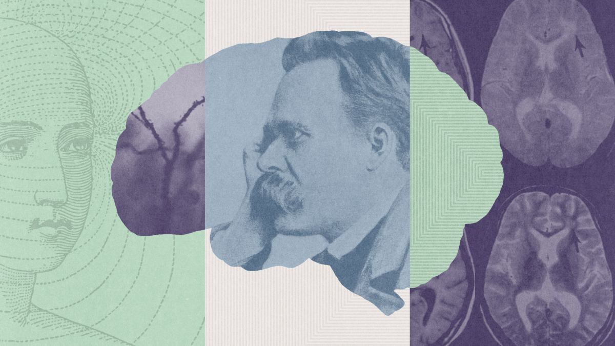 Illustration featuring a brain, a profile of a man resting his face on his hand, a sketch of a head, and brain scan images in purple and green tones.