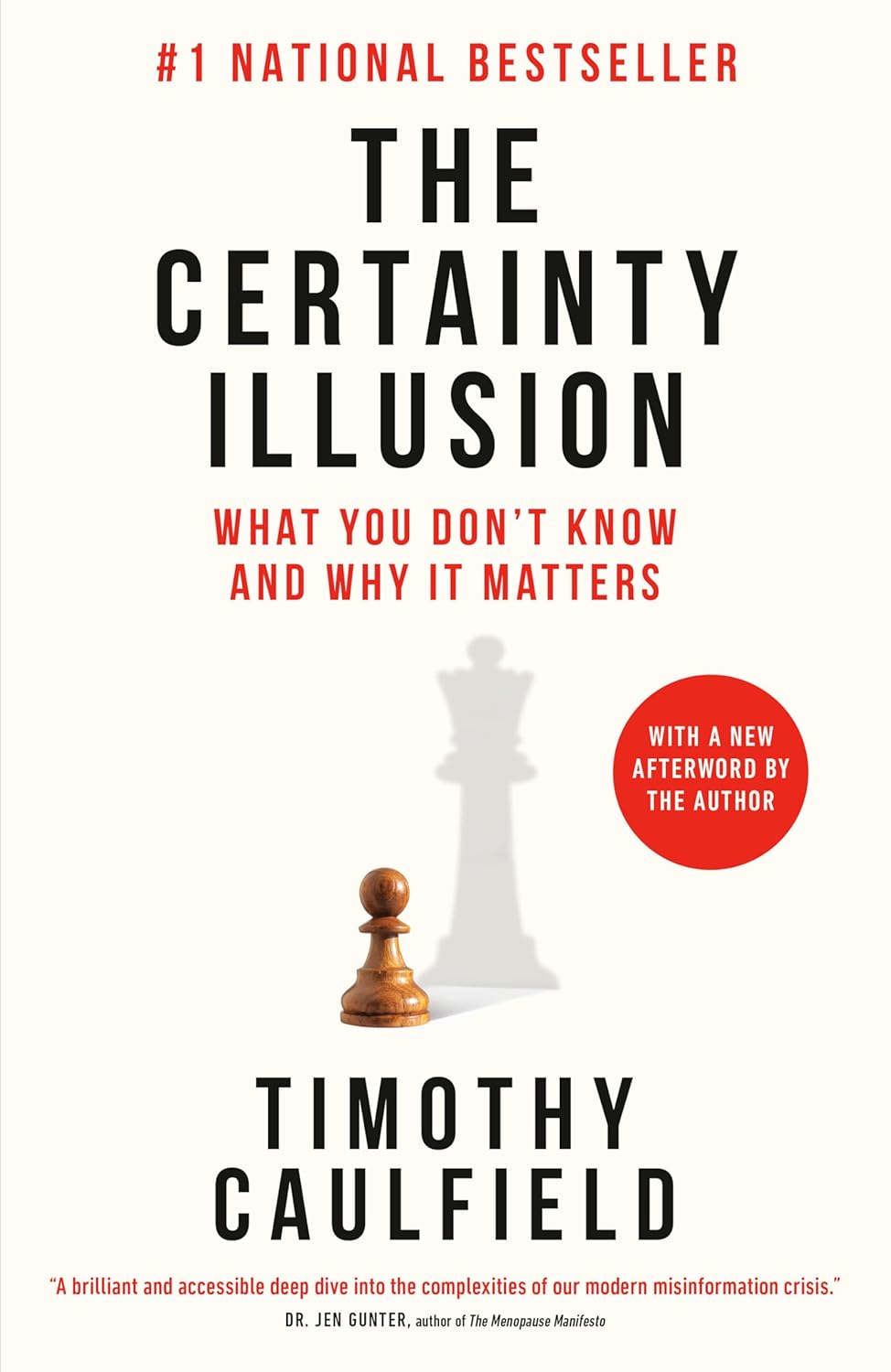 Book cover of "The Certainty Illusion" by Timothy Caulfield, featuring chess pieces and text highlighting it as a #1 national bestseller with a new afterword by the author.
