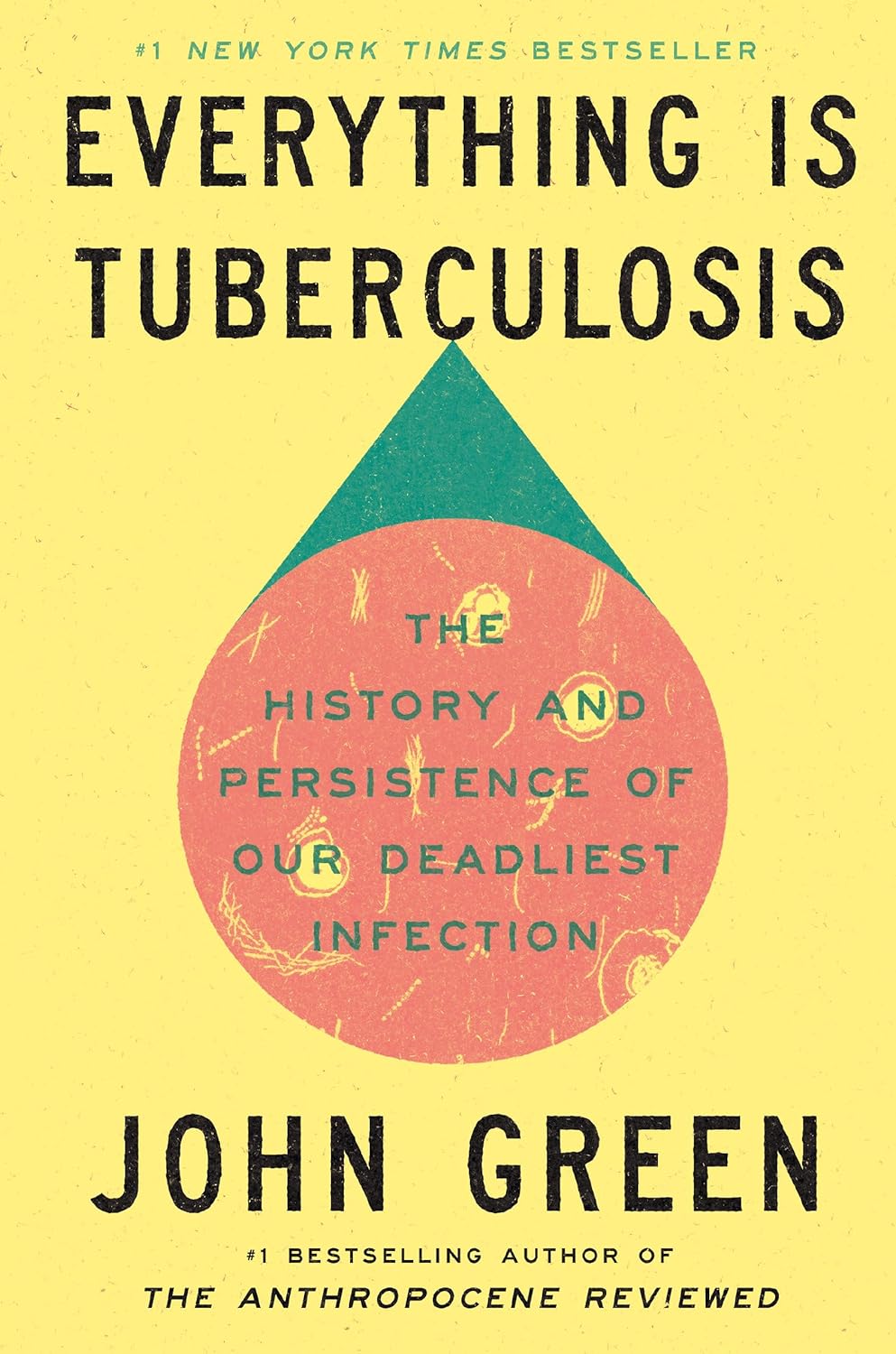 Book cover for "Everything Is Tuberculosis" by John Green, featuring a yellow background with bold text and a green and pink geometric design. Subheading: "The History and Persistence of Our Deadliest Infection.