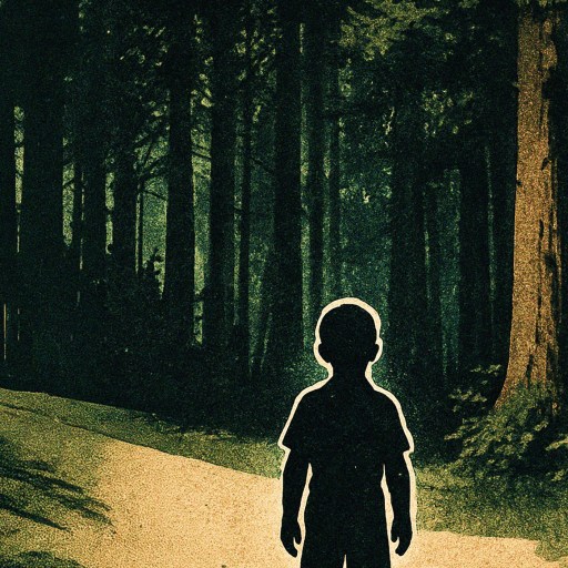 A silhouette of a child stands on a sunlit path in a dense, dark forest with tall trees and foliage surrounding the scene.