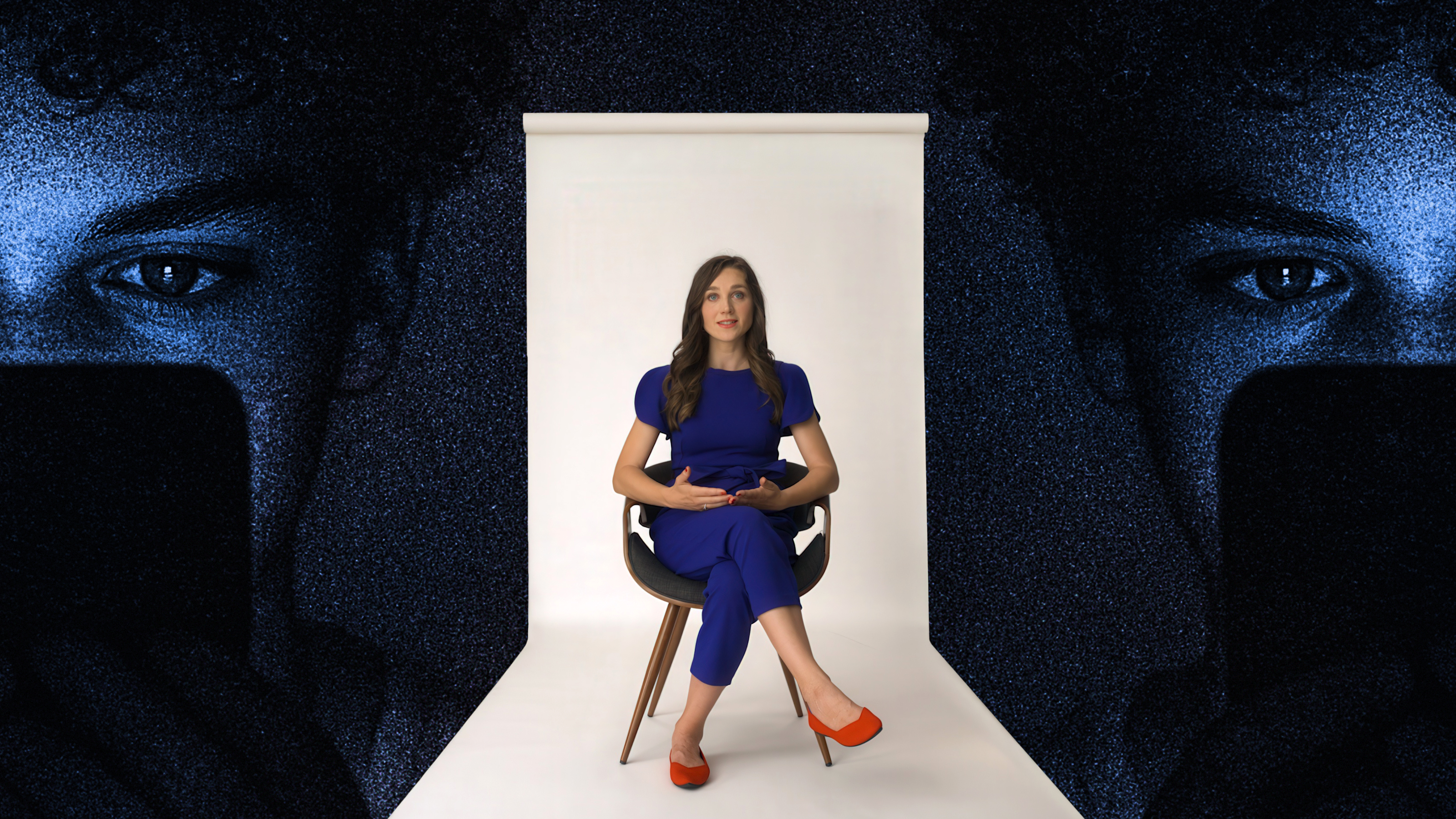 A woman in a blue outfit and red heels sits on a chair in a studio with a white backdrop, flanked by stylized images of a person's face looking at a phone.