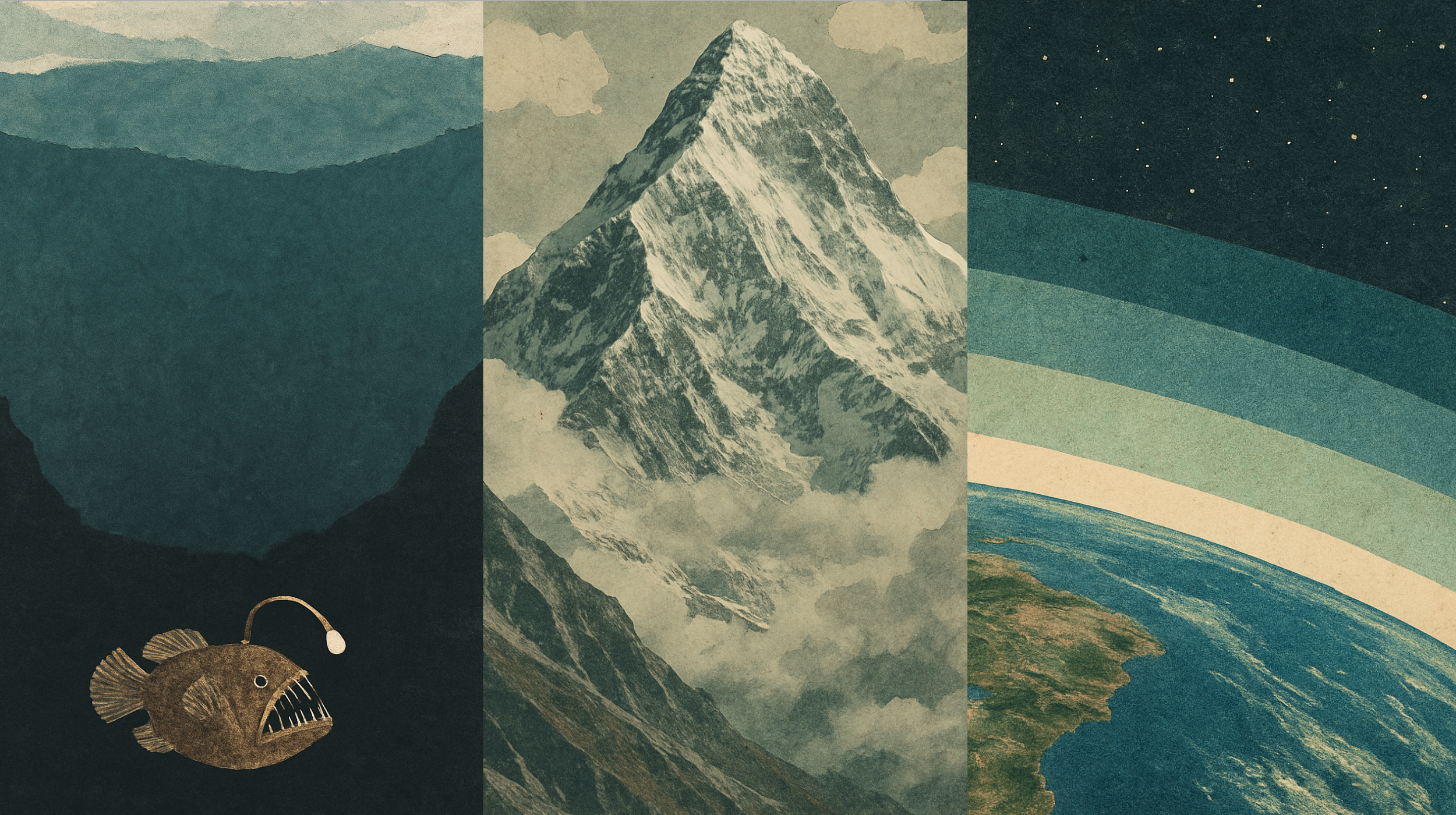Illustration split into three vertical panels: deep sea anglerfish, mountain peak with clouds, and a view of Earth from space with rainbow-like bands against a starry background.