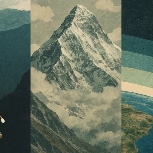 Illustration split into three vertical panels: deep sea anglerfish, mountain peak with clouds, and a view of Earth from space with rainbow-like bands against a starry background.