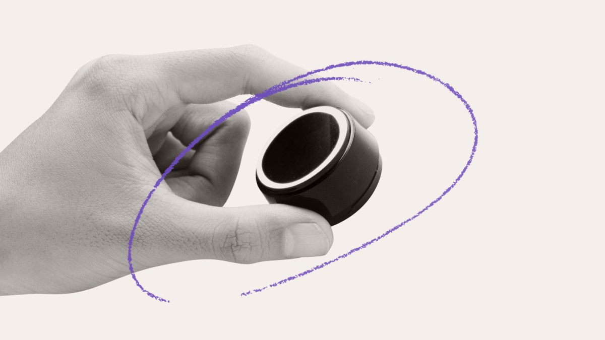 A hand holds a small, round black device with a circular light, while a purple scribble curving around both hints at rewiring democracy.