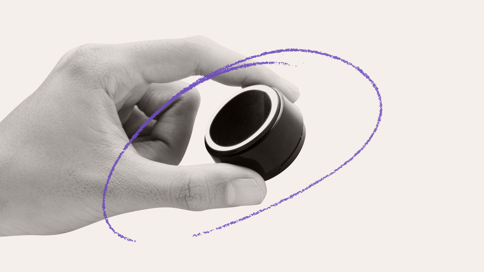 A hand holds a small, round black device with a circular light, while a purple scribble curving around both hints at rewiring democracy.