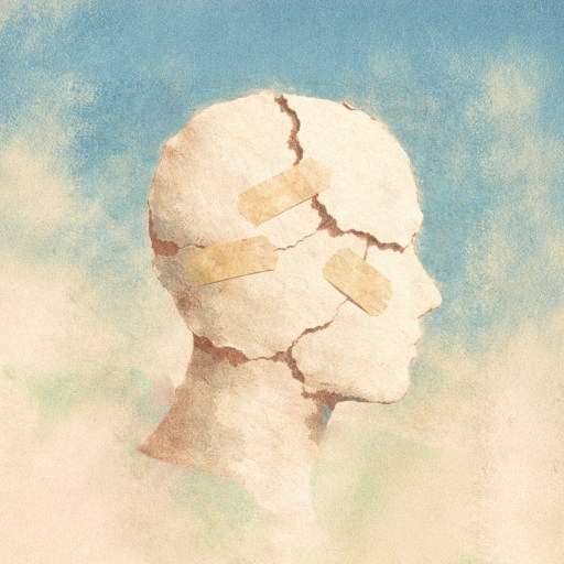 Illustration of a human head made of cracked material with bandages, set against a cloudy sky background.