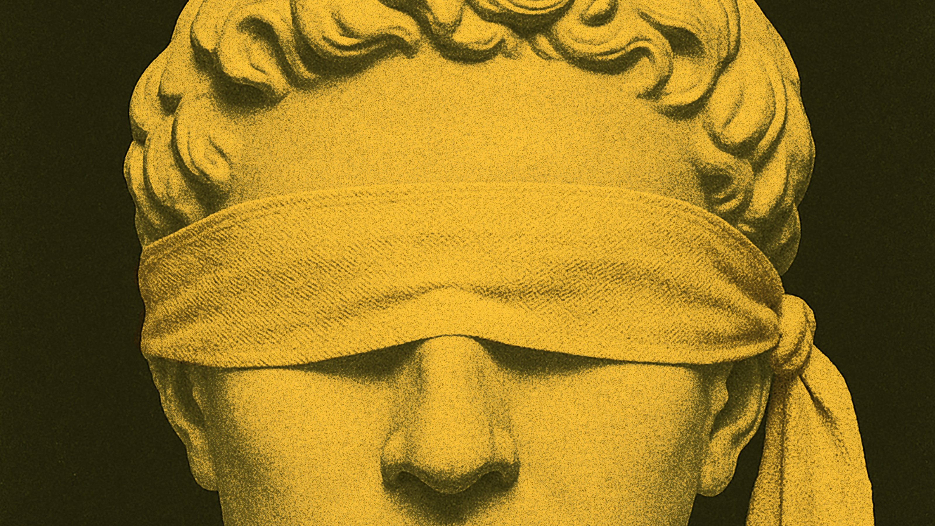 A classical-style stone bust with curly hair is shown with a cloth blindfold covering its eyes, set against a solid black background. The image has a yellow tint.