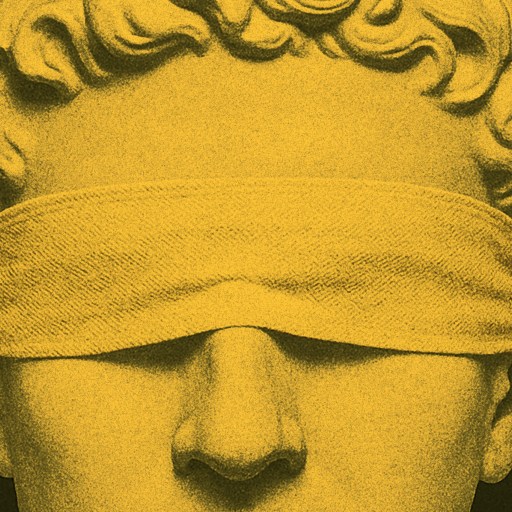 A classical-style stone bust with curly hair is shown with a cloth blindfold covering its eyes, set against a solid black background. The image has a yellow tint.