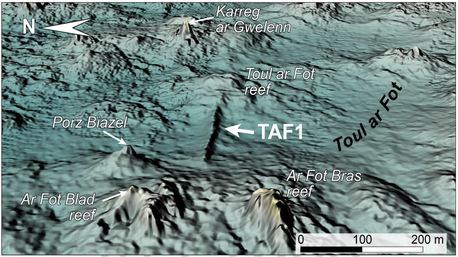 3D topographic map showing underwater reefs and features labeled with names such as Toul ar Fot, TAF1, Porz Biazel, and Ar Fot Bras; scale and north arrow included.
