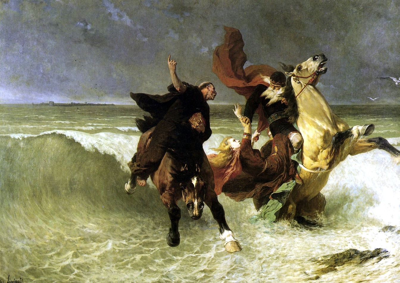 Two men on horses and a woman struggle against crashing ocean waves under a stormy sky, with dramatic movement and intensity in their gestures.