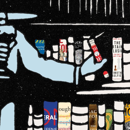 Illustration of a person holding a cup while selecting a book from a shelf filled with various colorful book spines.