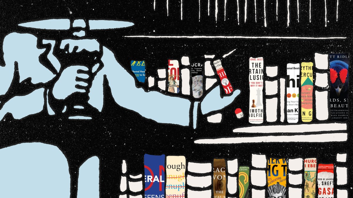 Illustration of a person holding a cup while selecting a book from a shelf filled with various colorful book spines.