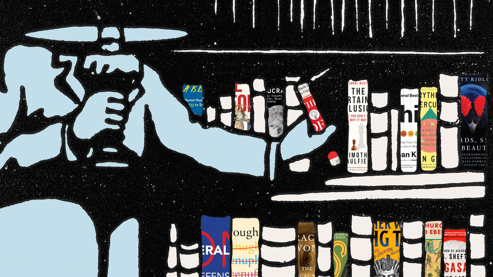 Illustration of a person holding a cup while selecting a book from a shelf filled with various colorful book spines.