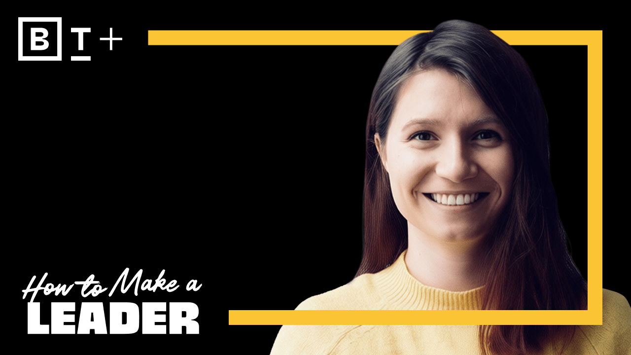 A woman in a yellow sweater smiles at the camera with text reading "How to Make a Leader" and a yellow rectangular border beside her.