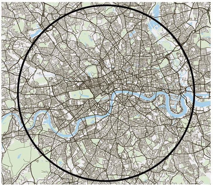 A detailed street map of central London with a thick black circle overlaying the city, encompassing the River Thames and surrounding neighborhoods.