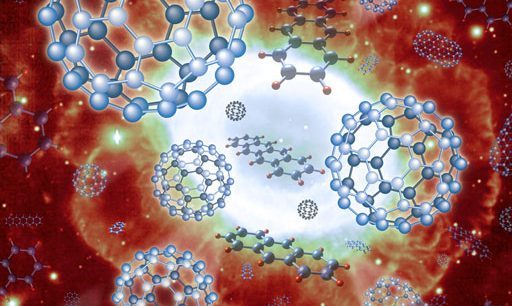 Illustration of various carbon molecules, including buckyballs and graphene sheets, floating in space near a bright cosmic background with stars and nebulae.