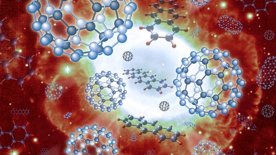 Illustration of various carbon molecules, including buckyballs and graphene sheets, floating in space near a bright cosmic background with stars and nebulae.