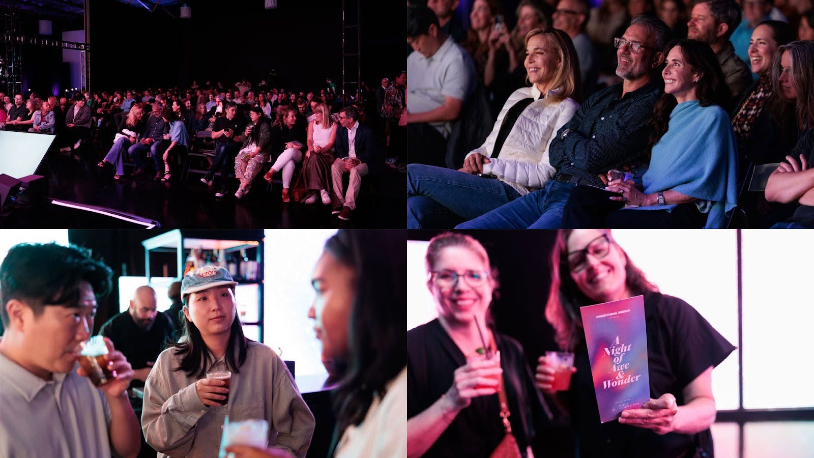 A collage shows an audience seated at an event, people smiling and laughing, and two women holding drinks and a book titled "A Night for the Weirder.