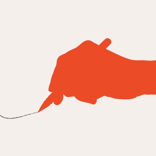 A red silhouette of a hand holding a pen draws a black, curving line on a plain, light background, evoking the powerful imagery often found in a propaganda novel.