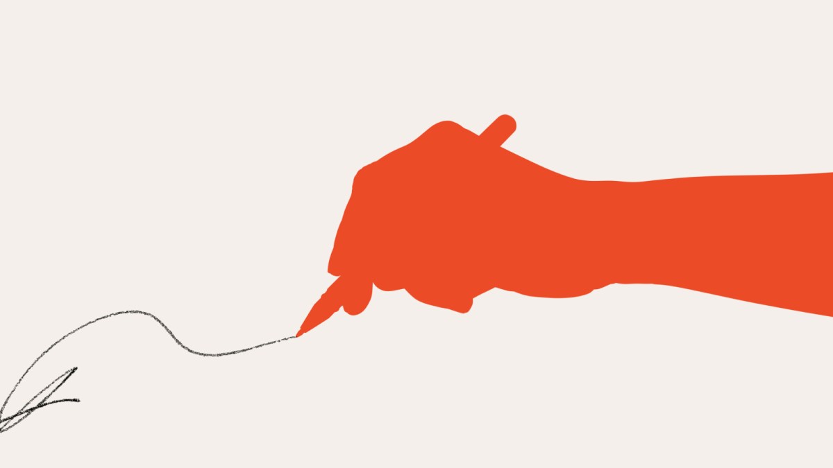 A red silhouette of a hand holding a pen draws a black, curving line on a plain, light background, evoking the powerful imagery often found in a propaganda novel.