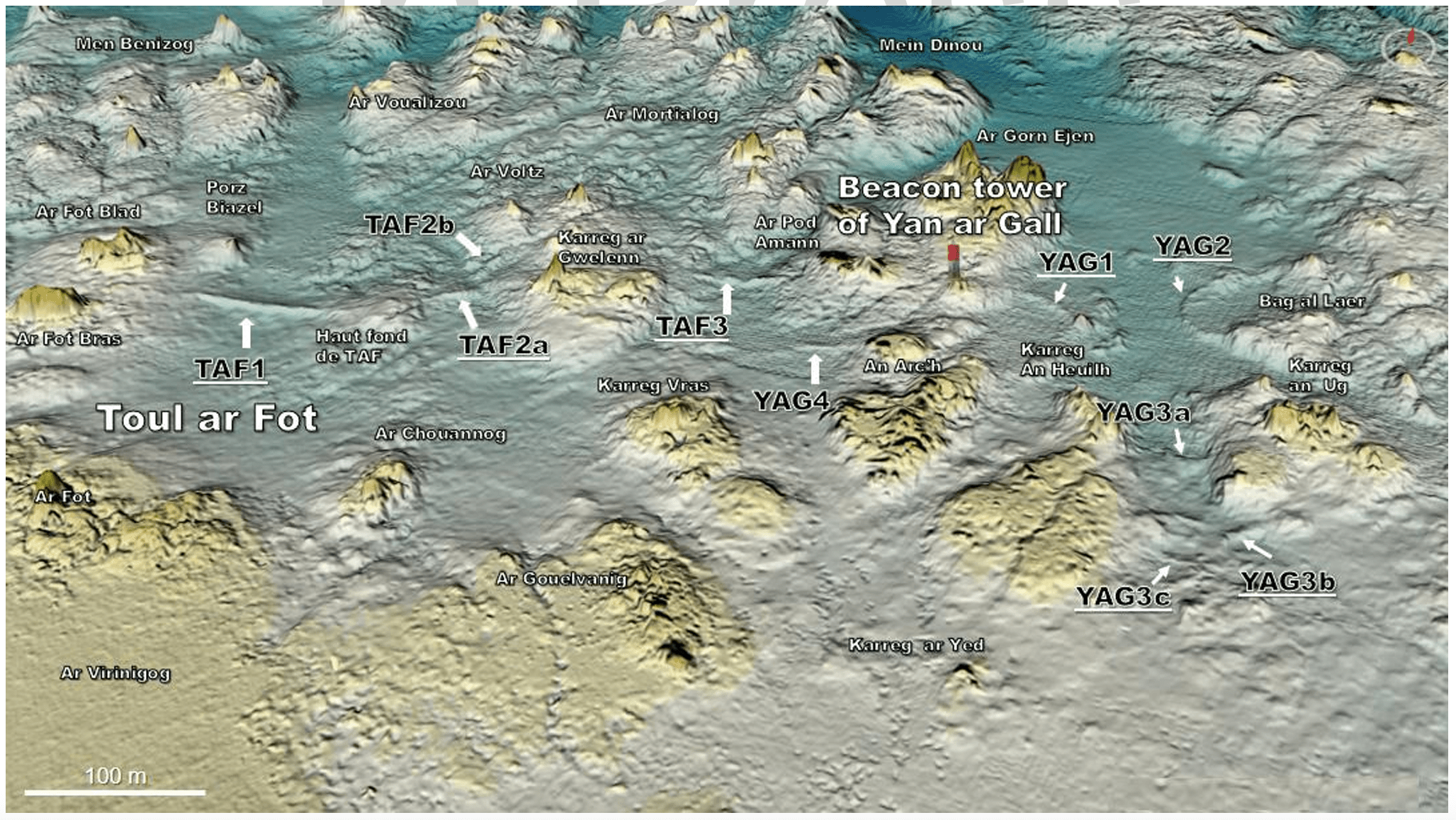 Topographic map with mountain peaks, valleys, and labeled points of interest in the Toul ar Fot region, including arrows indicating specific locations like YAG4 and TAF2a.