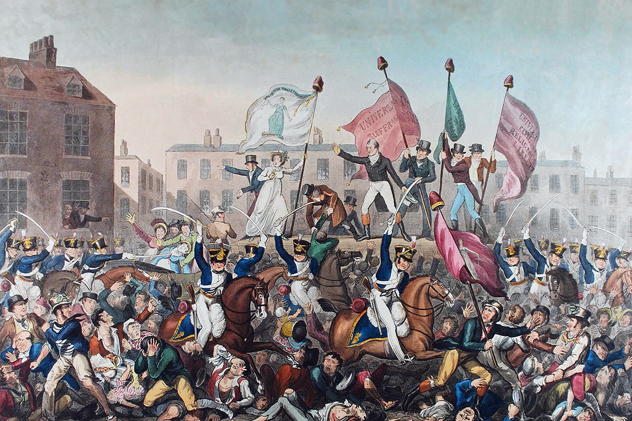 Painting of cavalry charging into a crowd of protestors waving banners, with chaos and people fleeing or injured in a city square setting.