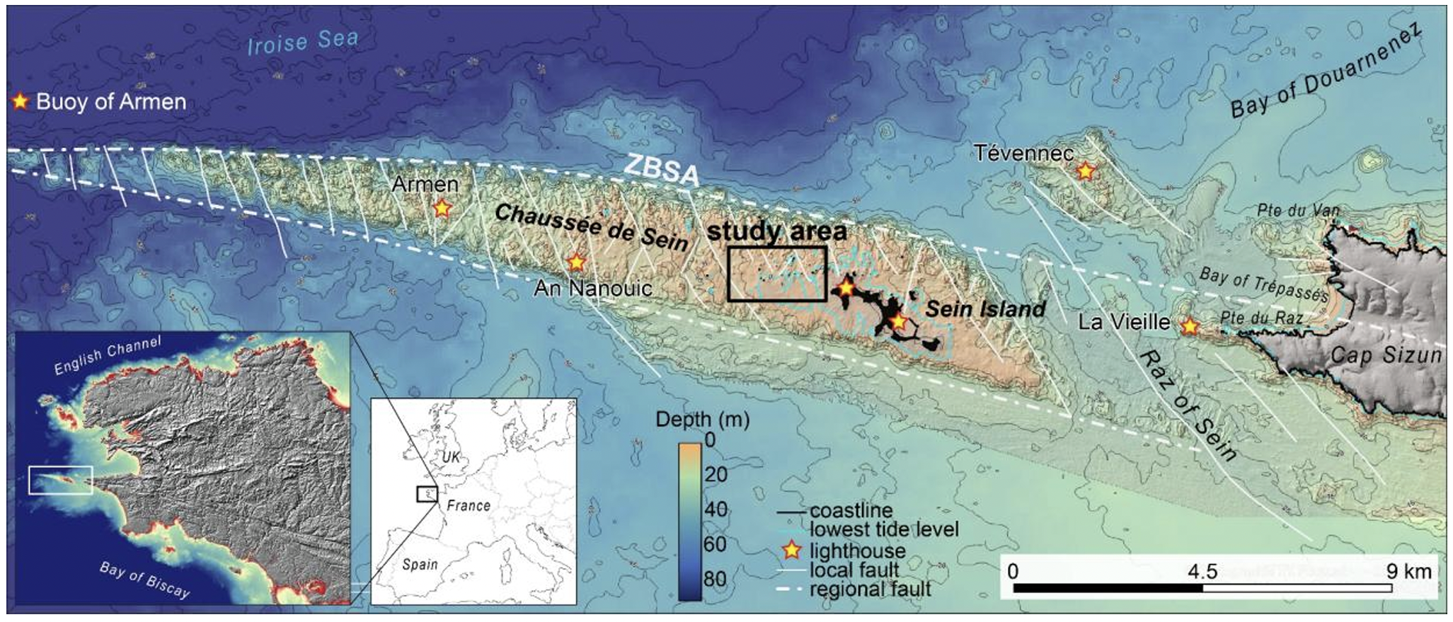 Map showing the Chauss&eacute;e de Sein region off the coast of France, highlighting study area, depth, lighthouses, local faults, and notable geographic features. Inset shows regional location.