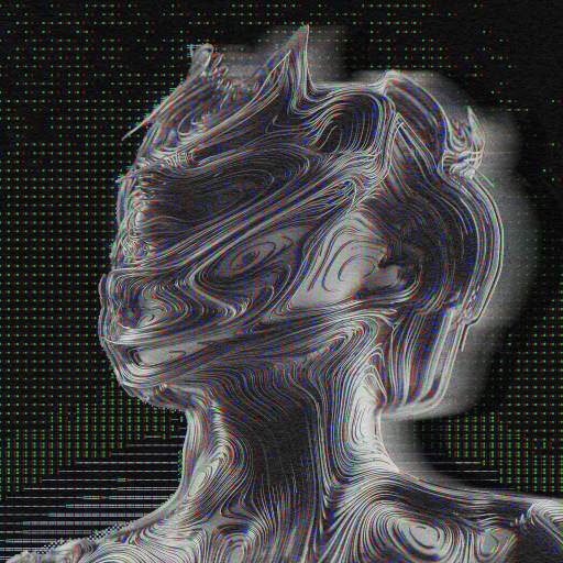 Digital artwork of a humanoid figure with a distorted, glitch-like effect and swirling, contour-like lines against a dark, pixelated background, reminiscent of the innovative AI art explorations by Blaise Agüera y Arcas.