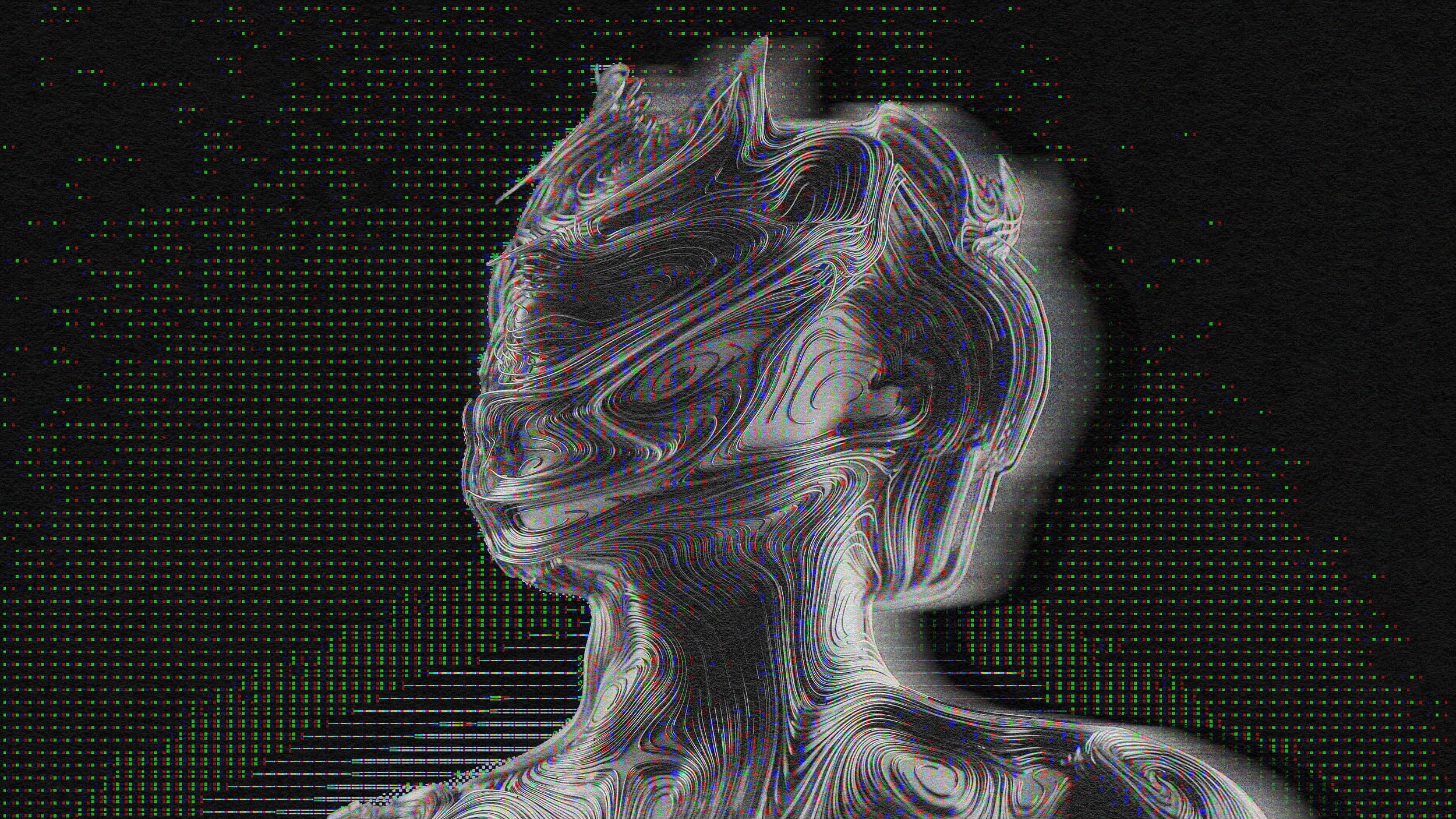 Digital artwork of a humanoid figure with a distorted, glitch-like effect and swirling, contour-like lines against a dark, pixelated background, reminiscent of the innovative AI art explorations by Blaise Agüera y Arcas.