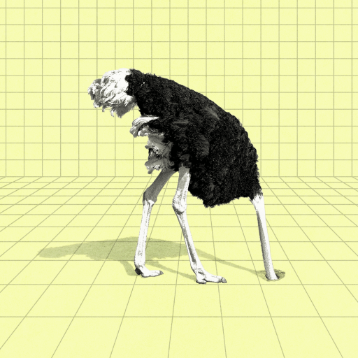 An ostrich with its head buried in a grid-patterned yellow floor against a matching grid-patterned wall.