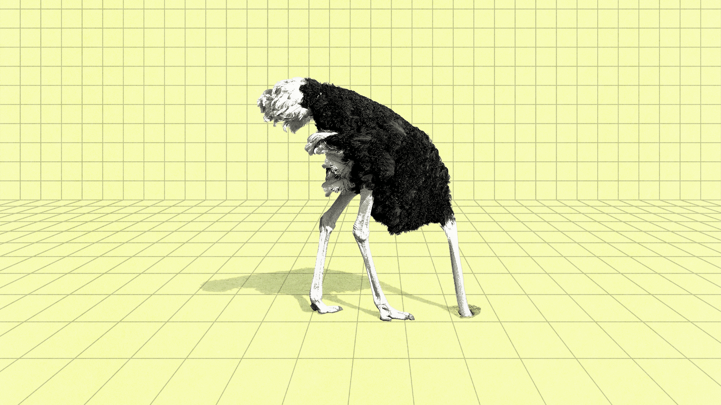 An ostrich with its head buried in a grid-patterned yellow floor against a matching grid-patterned wall.