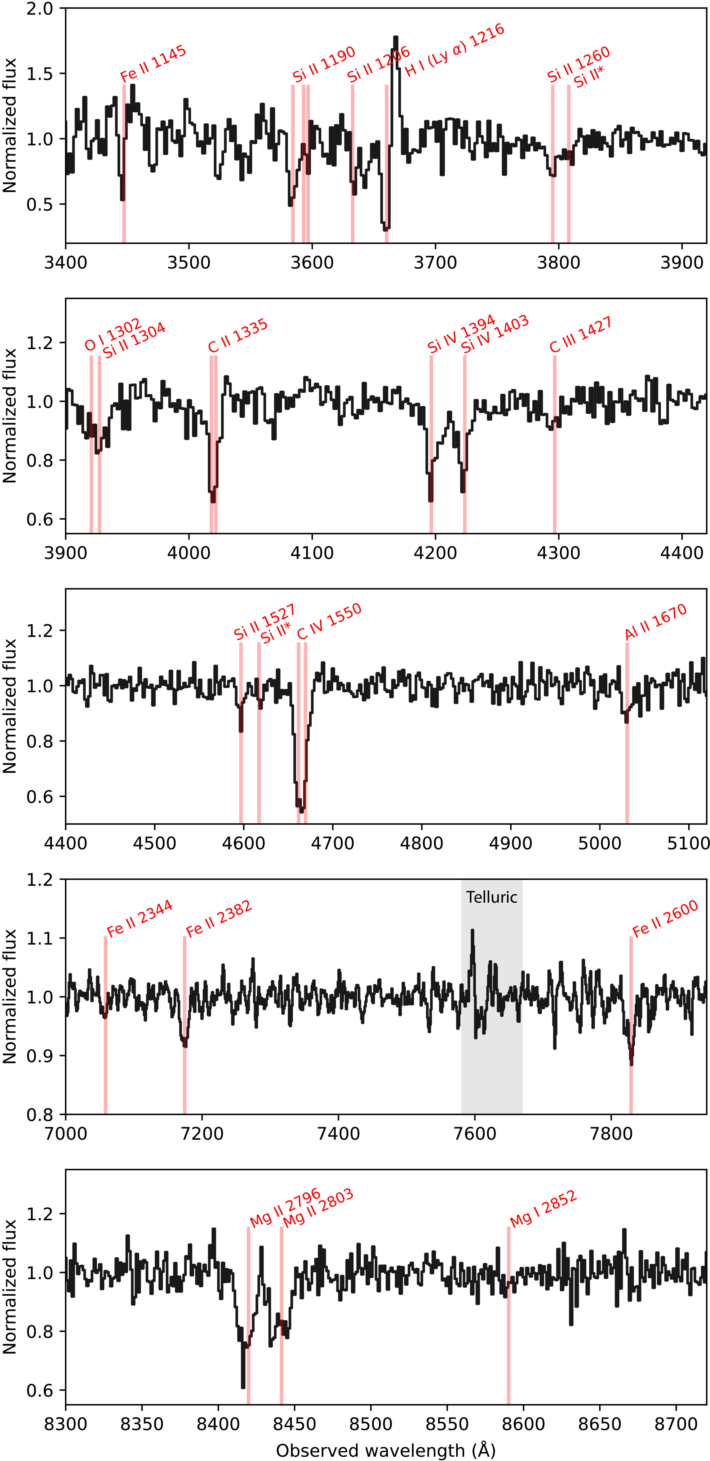 Five stacked line graphs display normalized flux versus observed wavelength, with several spectral absorption features labeled in red along each panel.