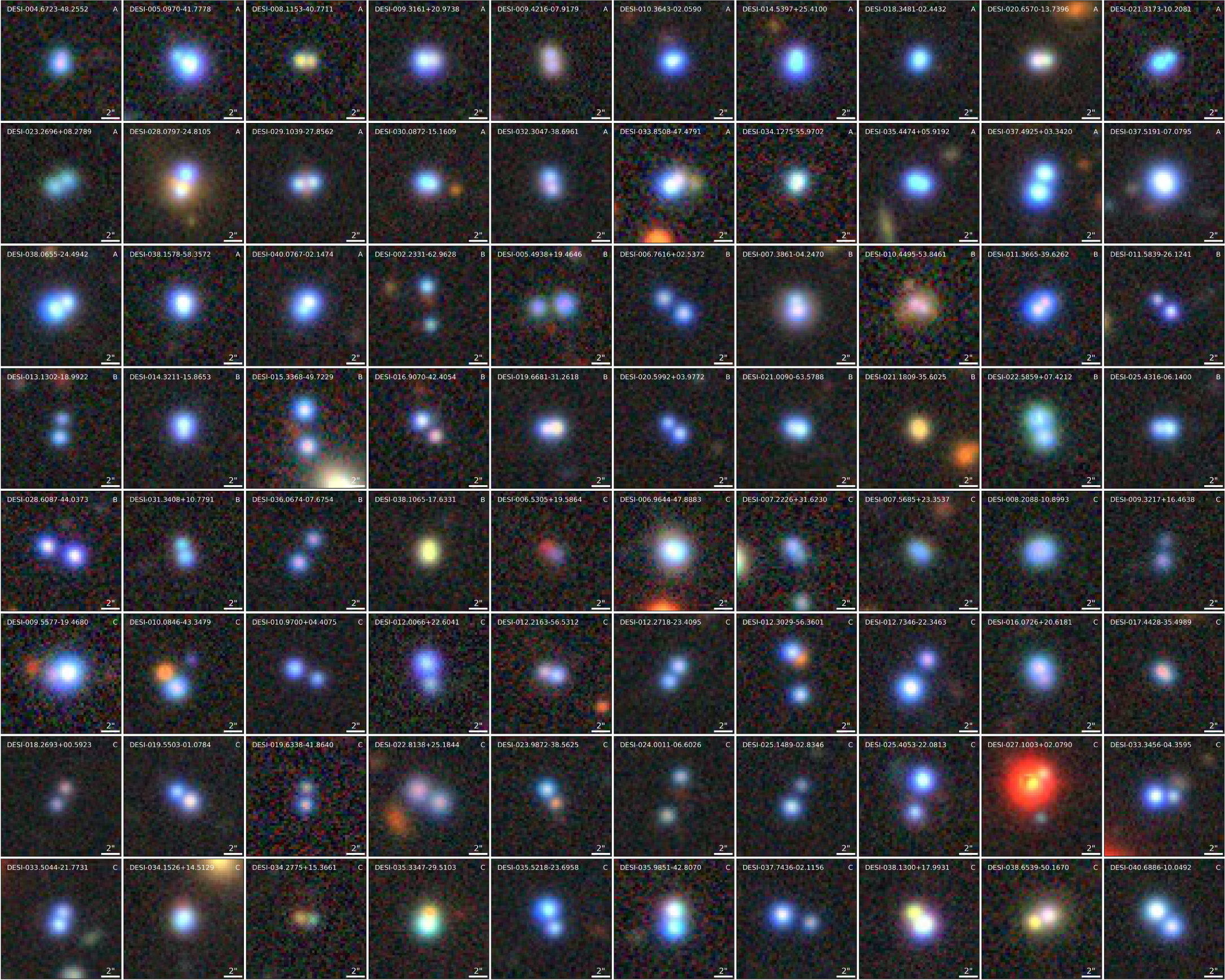 Grid of 64 individual astronomical images showing various stars and galaxies, each labeled with coordinates, against a black background&mdash;some depicting gravitational lensing or hints of the hubble tension in cosmic observations.