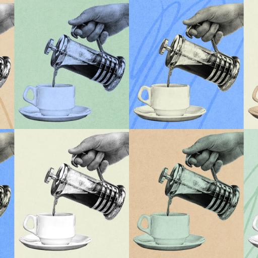 A collage of eight panels shows a hand pouring coffee from a French press into cups, each panel with a different background color.