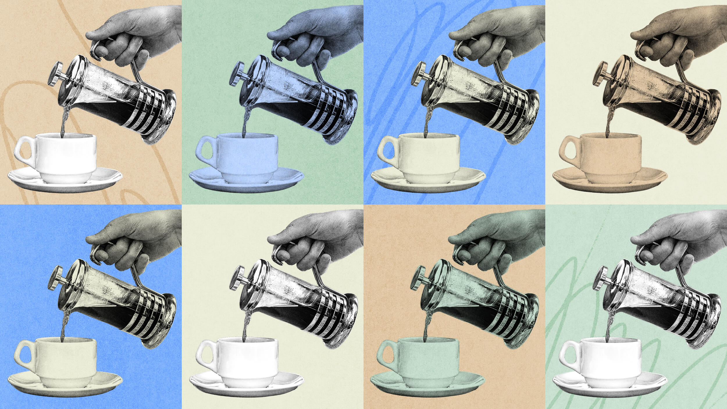 A collage of eight panels shows a hand pouring coffee from a French press into cups, each panel with a different background color.