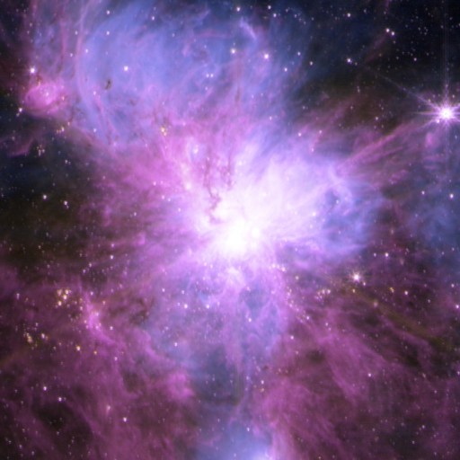 A nebula in space glows with bright purple, pink, and blue hues, surrounded by stars and cosmic dust where new stars form in our expanding universe.