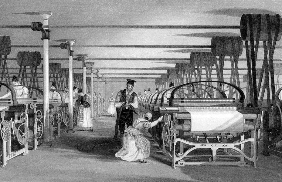 Black and white illustration of workers operating large textile machines inside a factory during the Industrial Revolution.