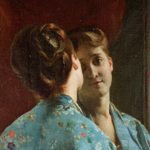 A woman in a blue floral robe looks at her reflection in a mirror, her back partially turned to the viewer as she contemplates her identity.