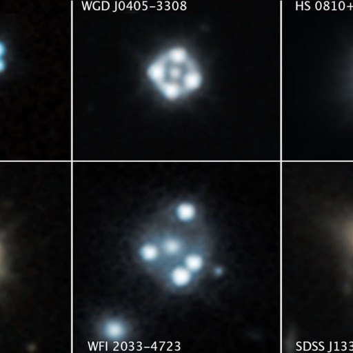 A grid of six astronomical images shows different examples of gravitationally lensed quasars, each labeled with its unique identification code and relevant to studies addressing Hubble tension.