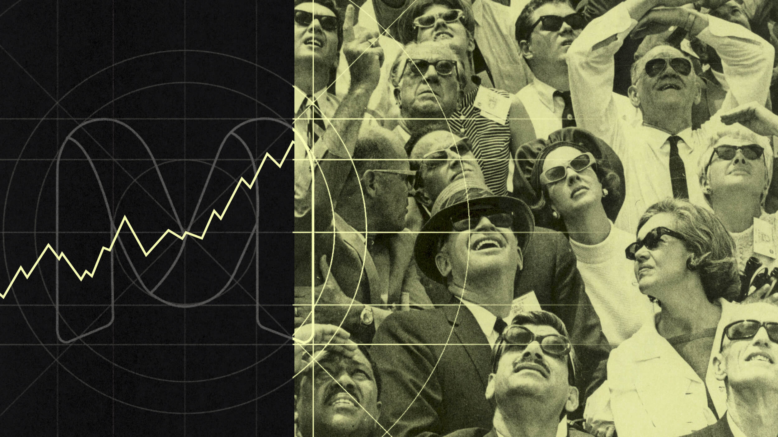 A crowd of people wearing sunglasses looks upward; Brendan Foody is featured on the left side of the image, where a rising line graph appears on a dark background.